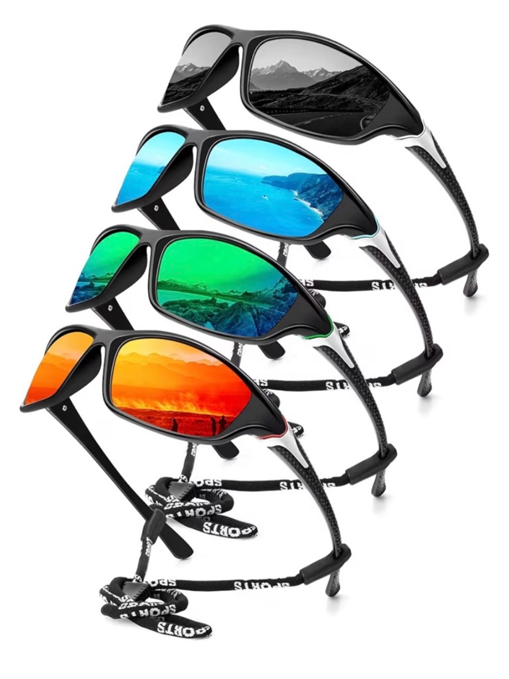 Set of 4 Polarized Sport Sunglasses Black Frame (Multiple Lens Colors)- NO STRAP